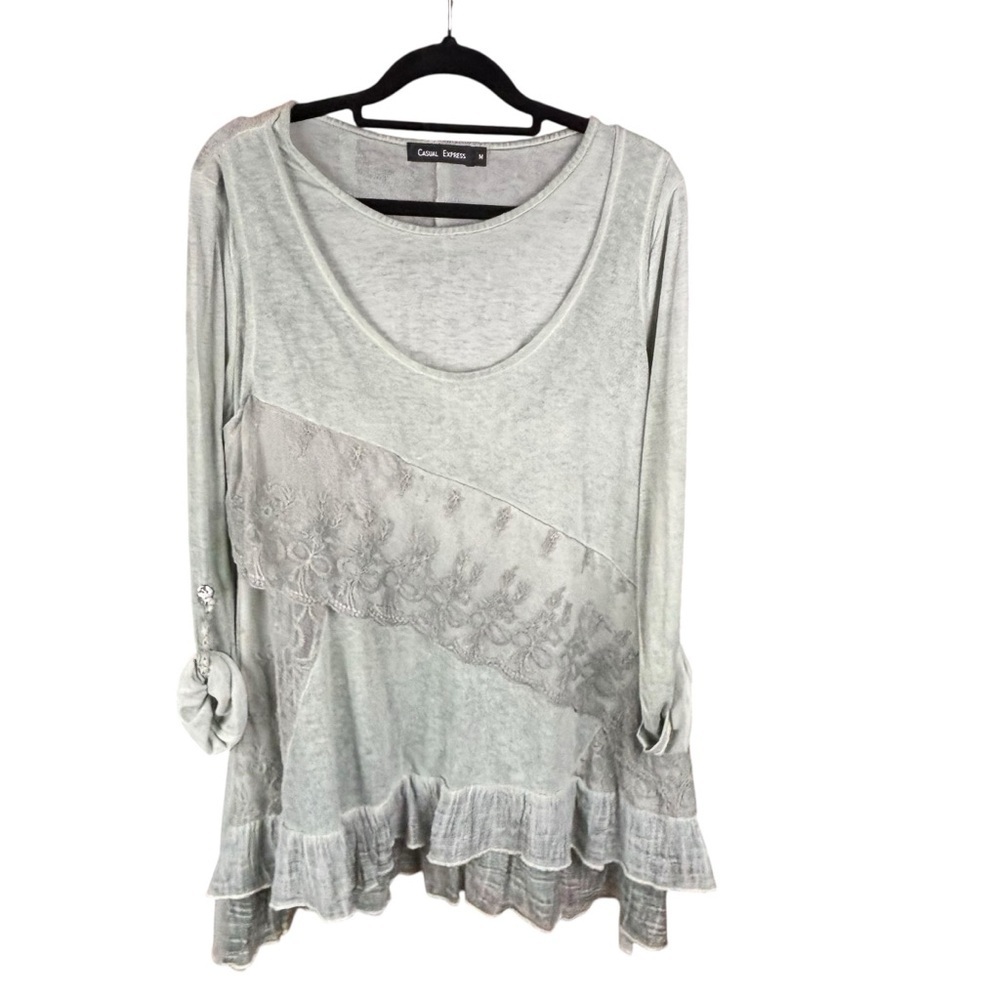 Casual Express Green Ruffled and lace detailing Roll tab sleeves flowy Tunic